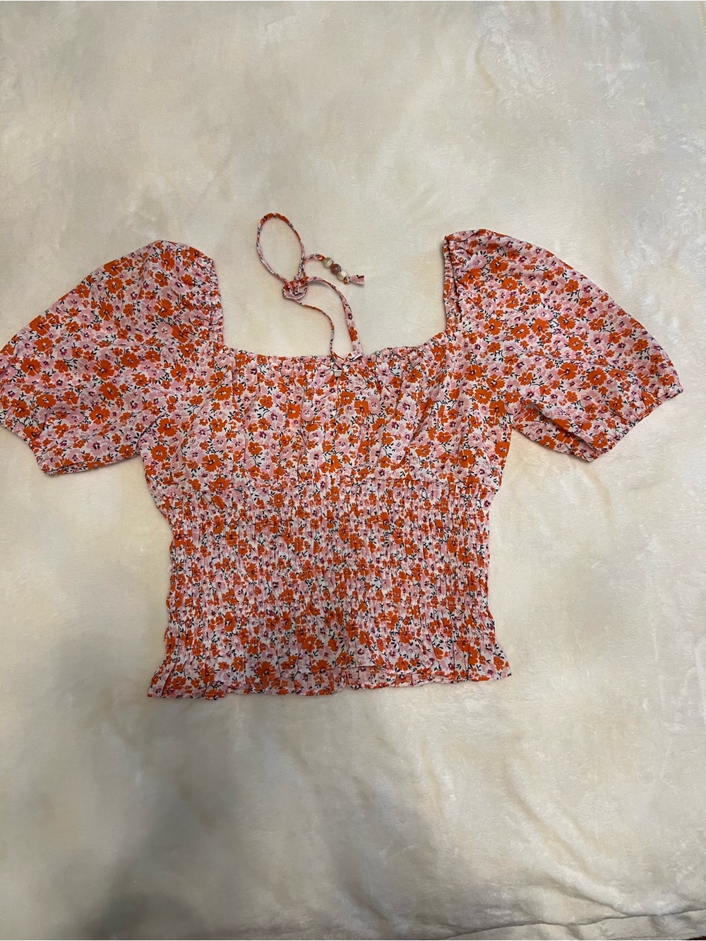 Heartloom Orange Floral Smocked Square-Neck Crop Top